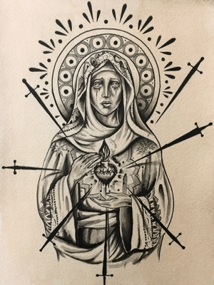 The Virgin of Sorrows, black and grey water color painting I coffee stained. Really fun I really enjoyed painting this, thanks for looking!
