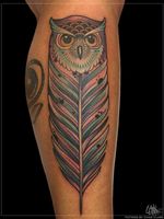 Tattoo by Chad Clark. #owltattoo #owlfeathertattoo #owl #feather #traditional #floridatattooartist #capecoral #tophatclassictattoo #colortattoo