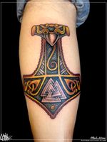 Tattoo by Chad Clark. #thorshammer #floridatattooartist #capecoral #tophatclassictattoo #thor #norse #hammer #blackandgreytattoo #colortattoo