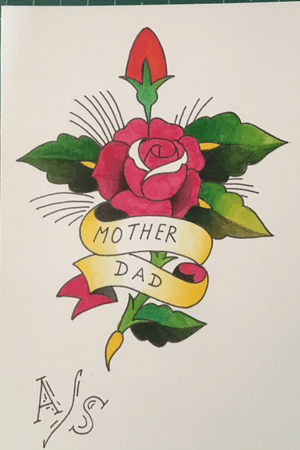Sailor Jerry tattoo flash painting of rose with banner done with watercolor. I put a lot of effort into this little painting by outlining it using a #2 pencil and a mono pen and I finished it in time before my night shift began.