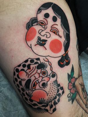 Tattoo by Koji Ichimaru #KojiIchimaru #Japanesetattoo #Irezumi #folkmasks #masks #Hyottoko #color