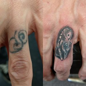 Finger cover up owl tattoo micro tattoo