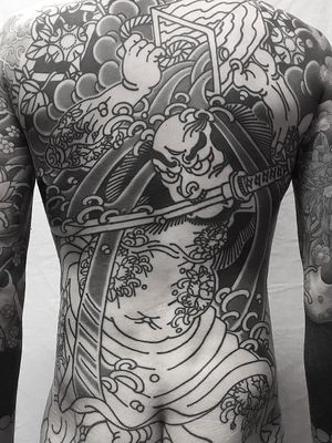 Tattoo by Koji Ichimaru #KojiIchimaru #Japanesetattoo #Irezumi #bodysuit #linework #backpiece #wip