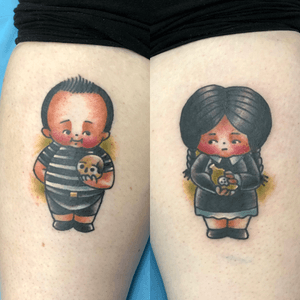 Wednesday and Pugsley Addams by James White (@iamjimmyjam on instagram) at the grand canyon tattoo convention in PHX. #kewpiedoll #wednesdayaddams #pugsleyaddams #cute #characters #AddamsFamily 