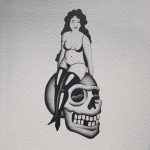 Girl with skull. Wattercolor paper and acrylic. Design available for tattoo #adayneco #girl #skull #traditionaltattoo #tattooflash #vintage 