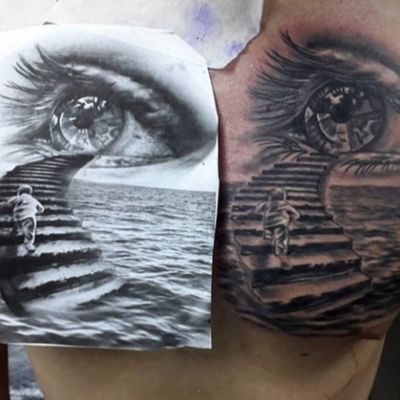 #eye #eyetattoo #blackandgrey #stairs #sea #ocean #tattoo 