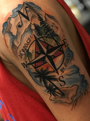 Water color tattoo, compass with Florida keys and Georgia Mountains 