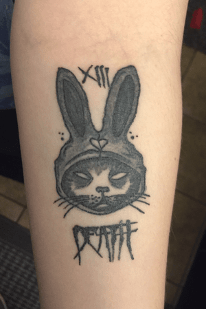 Heres a bad picture of a recent piece i did #cat #bunny #tarot #tarotcard #death #13 #lettering #tattoo #blackandgrey #dark 