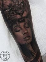 lady and lion tattoo by jieny rh #jienyrh #realism #lion #lady #portrait #tattoosondarkskin #blackandgrey #animal
