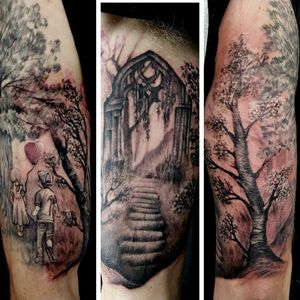Finished off this half sleeve tribute to his kids #kids #bnginksociety #bngsociety #foresttattoo 