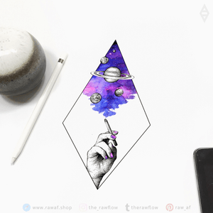 Cigarette and galaxy ✨ More designs on Instagram (the_rawflow) or Tumblr (therawflow) #dotwork #watercolor #geometric #galaxy #space #hand #color #purple #planets 