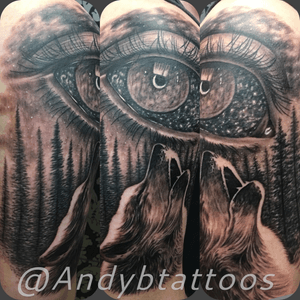 Trippy wolf eye space jam I tattooed a while back! #wolf #wolftattoo #tattooartist #tattooart #blackandgrey #blackandgreytattoo #realism #surrealism #realistic #realistictattoo 