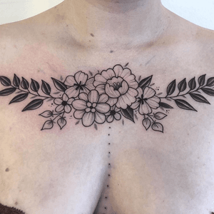 My third tat, a black and grey floral chest piece. This was also done by Kiki B, on 12/7/18. 