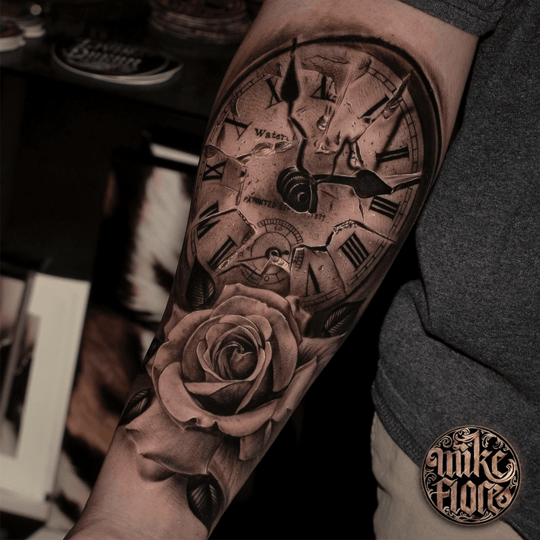 clock and rose tattoo sleeve