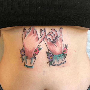 Pinky-promise hands, color, custom, done by Kiki B! This was my first tattoo, done on 8/2/18.