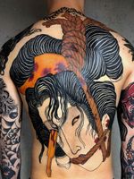 Tattoo by Haku Tattoos #Haku #Hakutattoos #coolesttattoos #cooltattoo #favoritetattoo #besttattoo #color #namakubi #severedhead #knife #rope #geisha #backpiece #backtattoo