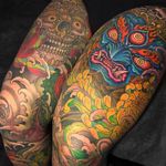 Tattoo by Chris Crooks #ChrisCrooks #tattoodoambassador #toptattoos #japanese #neojapanese #masks #deity #snake #chrysanthemum #flower #floral #color