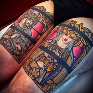 Tattoo by Mikael de Poissey #MikaelDePoissy #tattoodoambassador #toptattoos #color #portrait #stainedglass #saints #religious #goldfiligree