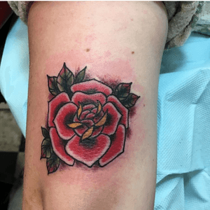 My second tattoo, a color rose above my left elbow. This was done by Rob Vincent on 11/15/18. 