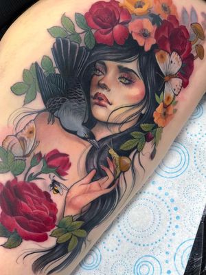 Tattoo by Hannah Flowers #HannahFlowers #tattoodoambassador #toptattoos #color #portrait #ladyhead #bird #raven #snail #flowers #floral #roses #butterflys #bees