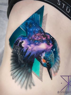 Tattoo by Chris Rigoni #ChrisRigoni #tattoodoambassador #toptattoos #color #hummingbird #galaxy #stars #forest #wings #bird #feathers #landscape #nature