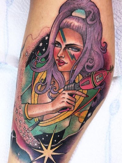 Tattoo by Guen Douglas #GuenDouglas #tattoodoambassador #toptattoos #color #pinup #portrait #babe #spacebabe #space #astronaut #gun #star #spacetravel