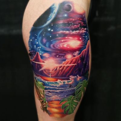Tattoo by Liz Venom #LizVenom #tattoodoambassador #toptattoos #color #landscape #frog #leaves #ocean #galaxy #mountains #stars