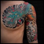 Tattoo by Matt Beckerich #MattBeckerich #Japanese #Irezumi #FountainheadNY #color #dragon #koi #waves #clouds #cherryblossoms