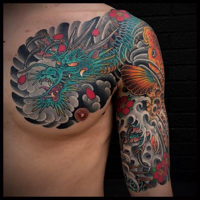 Tattoo by Matt Beckerich #MattBeckerich #Japanese #Irezumi #FountainheadNY #color #dragon #koi #waves #clouds #cherryblossoms