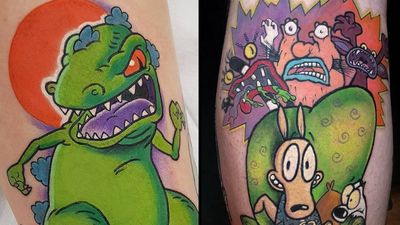 Tattoo on the left by Steve Chater and tattoo on the right by Cynthia Finch #CynthiaFinch #SteveChater #Nickelodeontattoos #nickelodeon #nicktattoos #cartoontattoos #newschool #90scartoon #90s #color #cartoon