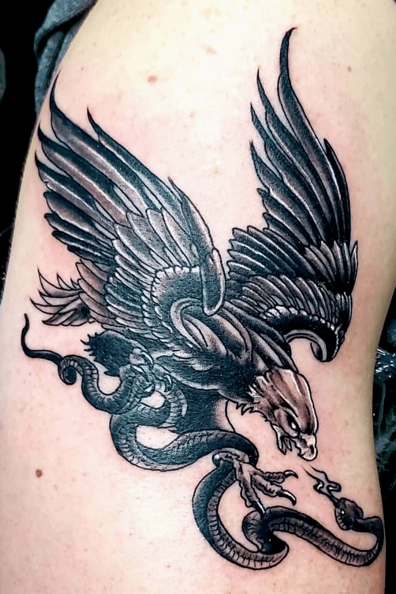 Fully healed Eagle fighting a Snake by Cole Steiban of Old Souls Tattoo  KCMO  rtattoos