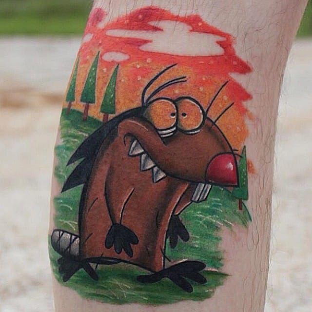 Angry Beavers Daggett tattoo by Rob Levis  Tattoos Tattoo portfolio  Maple leaf tattoo
