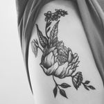 My first. Rib piece with peony flower, poppies, and forget-me-not. Black and grey 