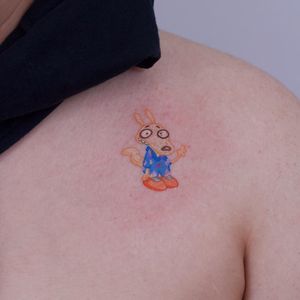 Tattoo by Okid Tattoos #Okidtattoos #Nickelodeontattoos #nickelodeon #nicktattoos #cartoontattoos #newschool #90scartoon #90s #color #cartoon #rockosmodernlife #rocko #tiny #cute