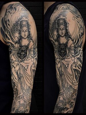 Tattoo by Matt Beckerich #MattBeckerich #Japanese #Irezumi #FountainheadNY #kwanyin #goddess #deity #buddha #portrait #blackandgrey #dragon #fire