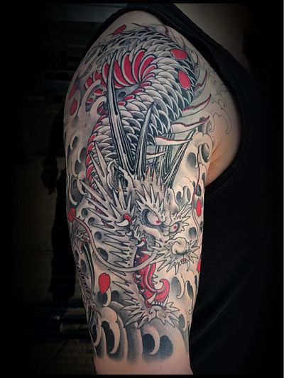 Tattoo by Matt Beckerich #MattBeckerich #Japanese #Irezumi #FountainheadNY #dragon #waves #cherryblossoms