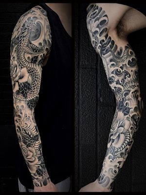 Tattoo by Matt Beckerich #MattBeckerich #Japanese #Irezumi #FountainheadNY #roses #flower #floral #waves #blackandgrey #snake #skull #death