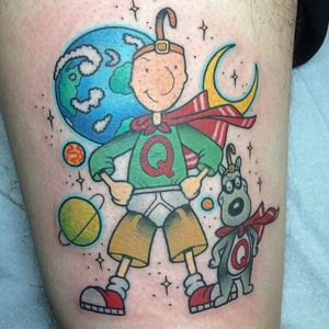 Tattoo by Alex Stangler #AlexStrangler #Nickelodeontattoos #nickelodeon #nicktattoos #cartoontattoos #newschool #90scartoon #90s #color #cartoon #doug #quailman #porkchop #dog #earth #galaxy #space