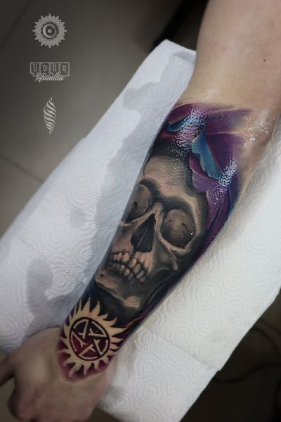 How much do you like Supernaturals? Super cool piece for my mate #skulltattoo #skulls #armtattoos #armtattoo #colortattoo #supernaturaltattoo #wandal #londontattoo #londontattooist #blackandgraytattoos #blackandgray #tattoosformen #inkedman #inkedup 