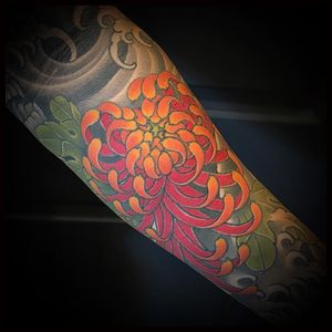 Tattoo by Matt Beckerich #MattBeckerich #Japanese #Irezumi #FountainheadNY #color #flower #floral #chrysanthemum