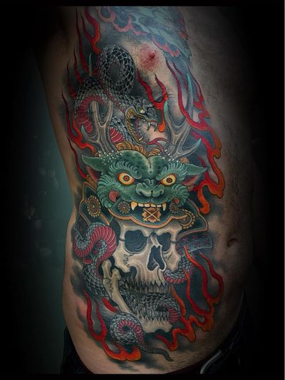 Tattoo by Matt Beckerich #MattBeckerich #Japanese #Irezumi #FountainheadNY #snake #skull #helmet #fire #death #warrior #samurai