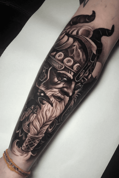 YBBS City Tattoo - Odin god of war already 3 weeks healed!!! #vikings #odin  #vikingtattoo #blackandgraytattoo #armtattoo #warrior #tattooartist #art  #ycstyle #3370 #peace✌️