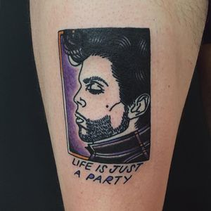 Tattoo by Cooley Tattooer #CooleyTattooer #MatthewCooley #musiciantattoos #musician #portrait #music #color #Prince #text #quote #traditional #illustrative