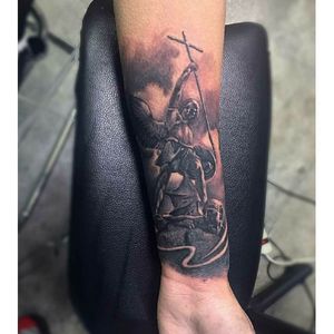 St. Michael-  forearm tattoo design,  black and grey