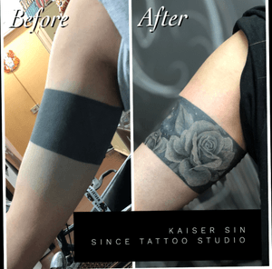 Cover up tattoo by Kaiser Sin,from black out to rose #coverup #coveruptattoo #whiteonblack #rosetattoo 