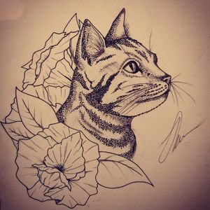 First attempt at dot work. Need to remember to let the pen dry before erasing #cat #flowers #blackwork #dotwork