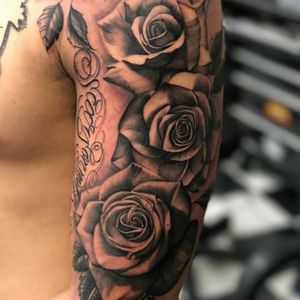 Rose quarter sleeve tattoo #religioustattoo #blackandgrey #tattoo #art #orangecountytattooartist #inlandempiretattooartist #blackandgreytattoo #rosetattoo #roses #rose 