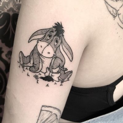 Tattoo by Katherine Jarre #KatherineJarre #winniethepoohtattoos #winniethepooh #childrensbooks #cartoon #animated #disney #disneytattoo #dotwork #linework #illustrative #eeyore #flowers #cute