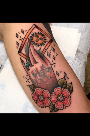 Inner bicep gypsy hand and tarot card 
