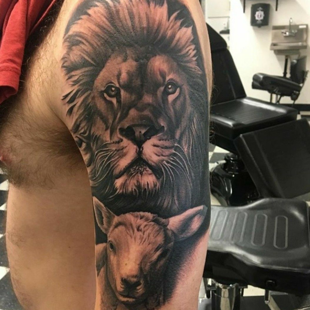 Christian biker tattoo  lion  lamb with empty tomb  Tattoo contest   99designs